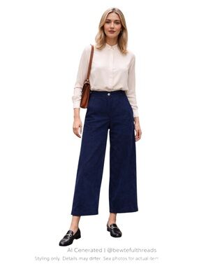 Navy Corduroy Cropped Wide Leg Trousers Ultra High Rise Office Chic US 4